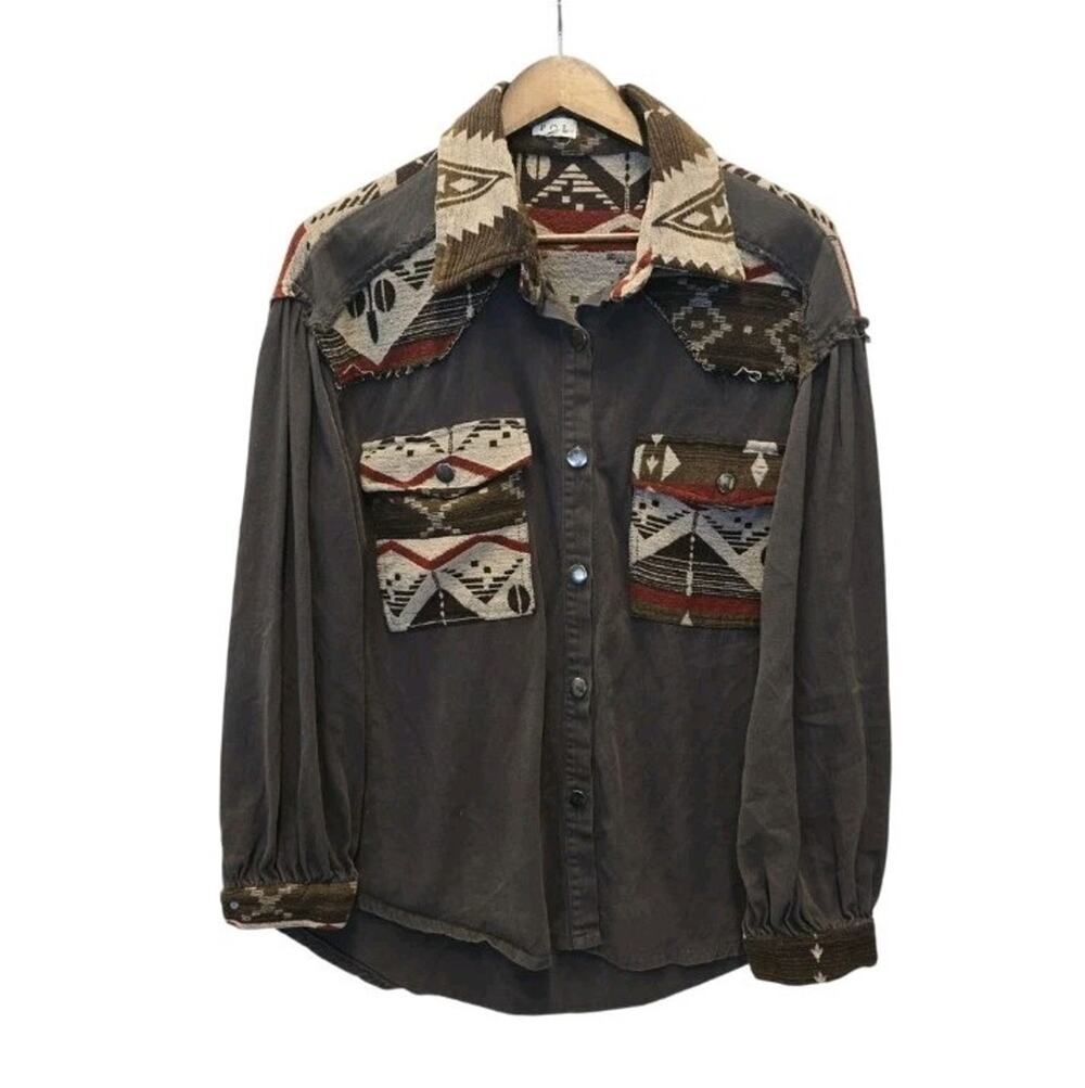 POL Clothing Southwestern Aztec Patchwork Shacket Charcoal Gray Oversized Fit M